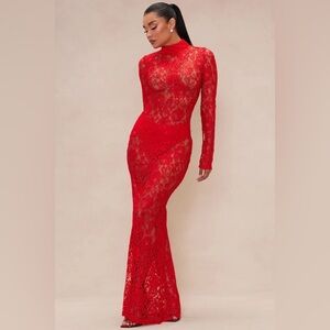 Fashion Nova Red Lace Long Sleeve Dress